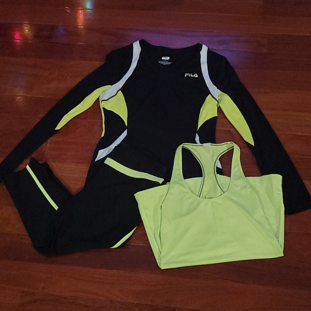 Fila M long sleeve black & neon yellow workout set